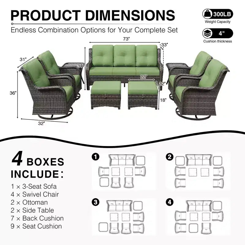 Ensemble de salon d'extérieur UPTIOT Premium : canapé 3 places, 4 fauteuils pivotants, 2 poufs et tables d'appoint
