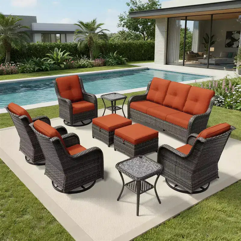 Ensemble de salon d'extérieur UPTIOT Premium : canapé 3 places, 4 fauteuils pivotants, 2 poufs et tables d'appoint