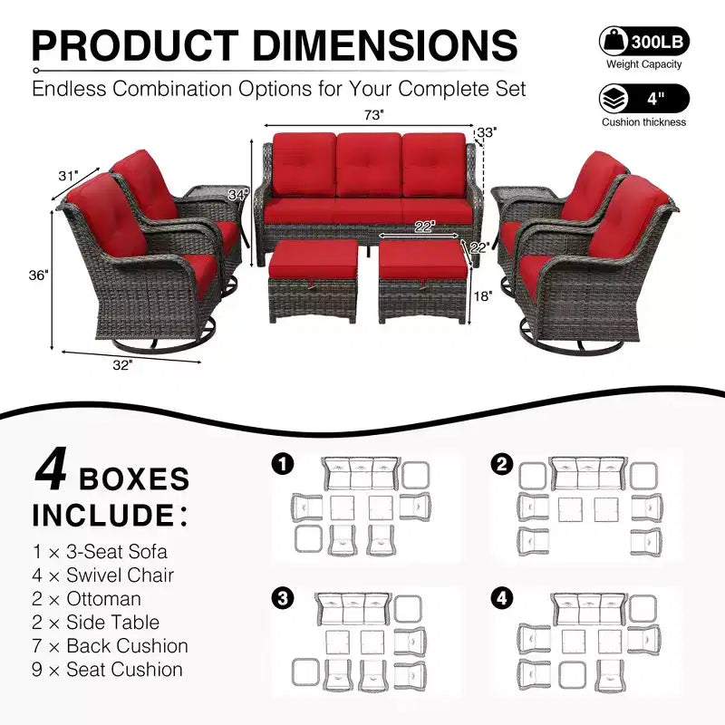 Ensemble de salon d'extérieur UPTIOT Premium : canapé 3 places, 4 fauteuils pivotants, 2 poufs et tables d'appoint