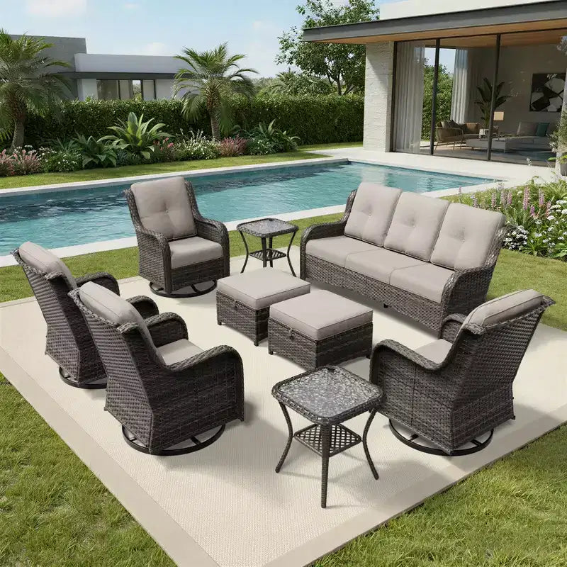 Ensemble de salon d'extérieur UPTIOT Premium : canapé 3 places, 4 fauteuils pivotants, 2 poufs et tables d'appoint