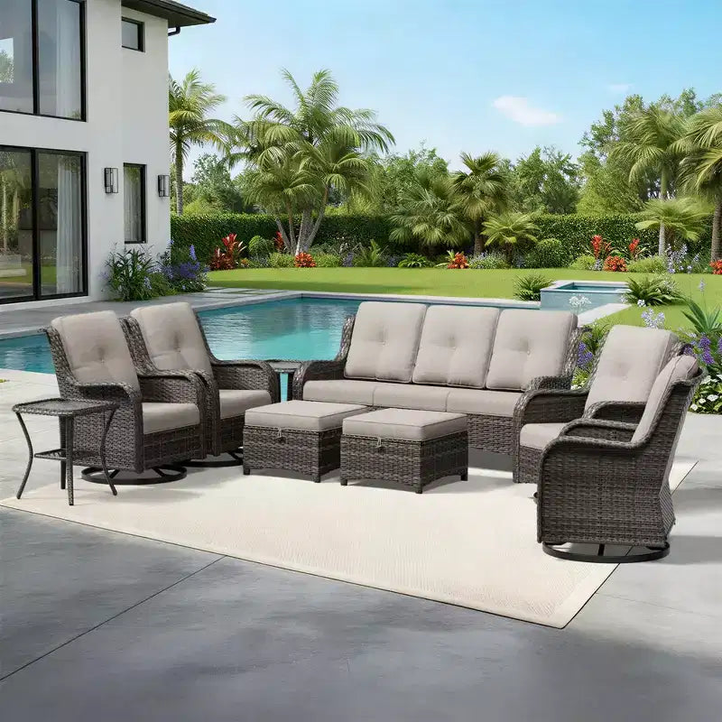UPTIOT Premium 3-Seat Outdoor Sofa Set with 4 Swivel Chairs, 2 Ottomans & Side Tables