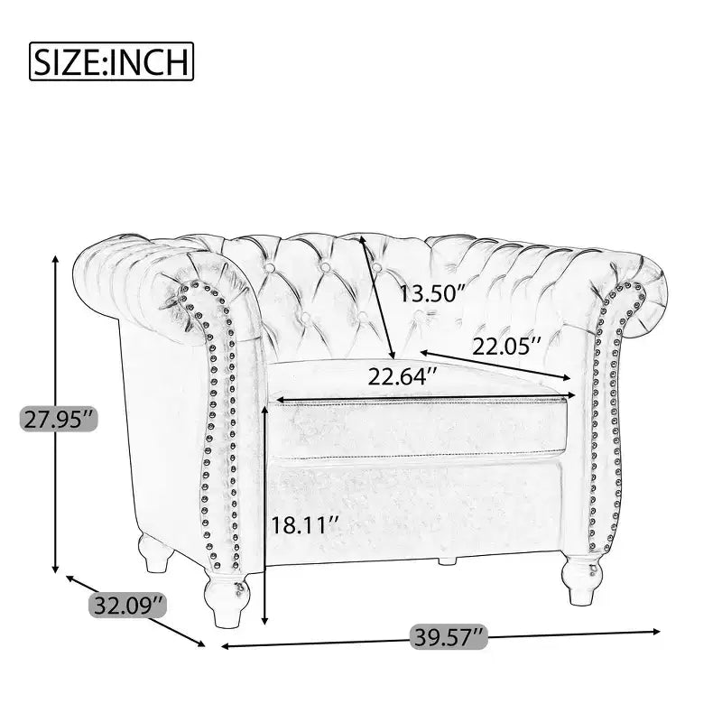 Fauteuil club Chesterfield Zeus et Ruta avec accoudoirs volutes, garniture cloutée et pieds en bois massif