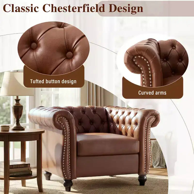 Fauteuil club Chesterfield Zeus et Ruta avec accoudoirs volutes, garniture cloutée et pieds en bois massif