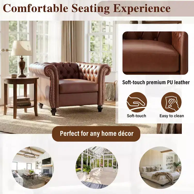 Fauteuil club Chesterfield Zeus et Ruta avec accoudoirs volutes, garniture cloutée et pieds en bois massif