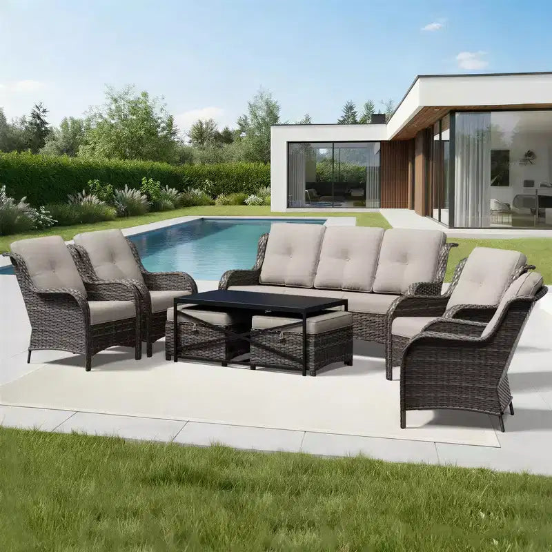 UPTIOT All-Weather Outdoor Sofa Set with Convertible Ottoman and Coffee Table
