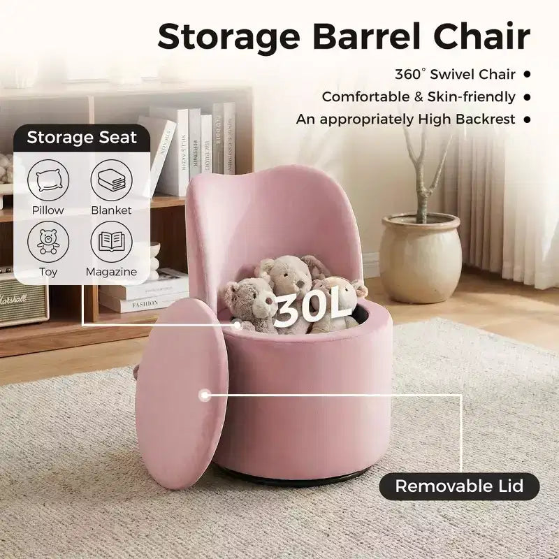 Vanity Chair with Storage,360 Swivel Makeup Chair with Back,Modern Swivel Accent Stool Barrel Chair Upholstered Ottoman Vanity Stool with Back