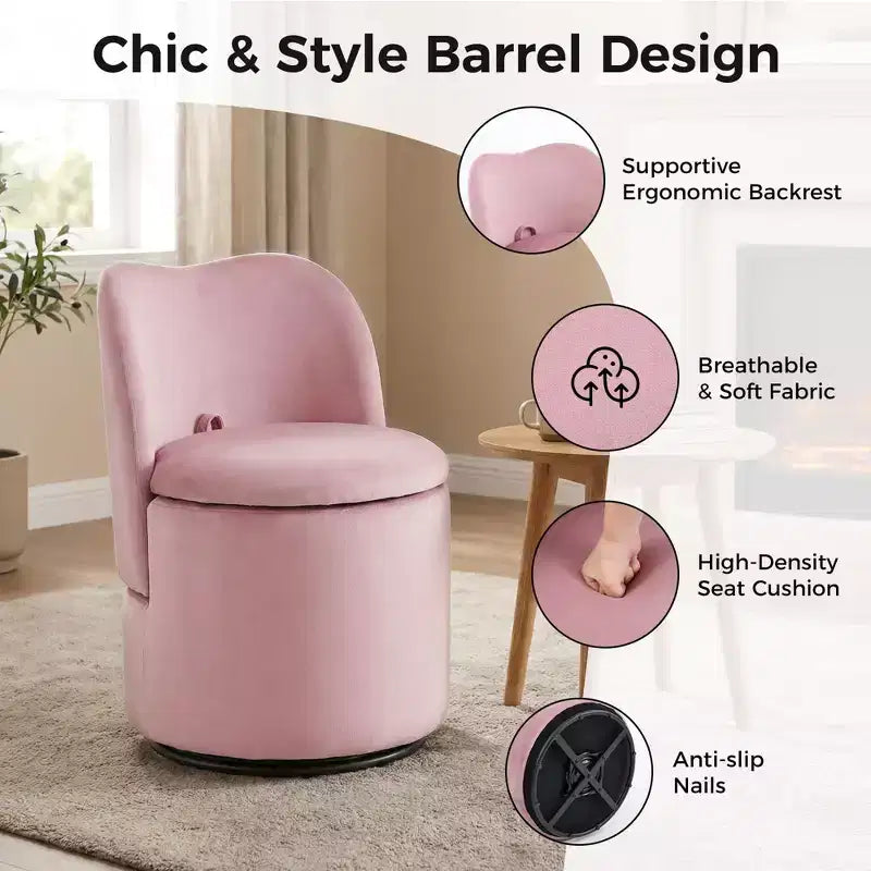Vanity Chair with Storage,360 Swivel Makeup Chair with Back,Modern Swivel Accent Stool Barrel Chair Upholstered Ottoman Vanity Stool with Back