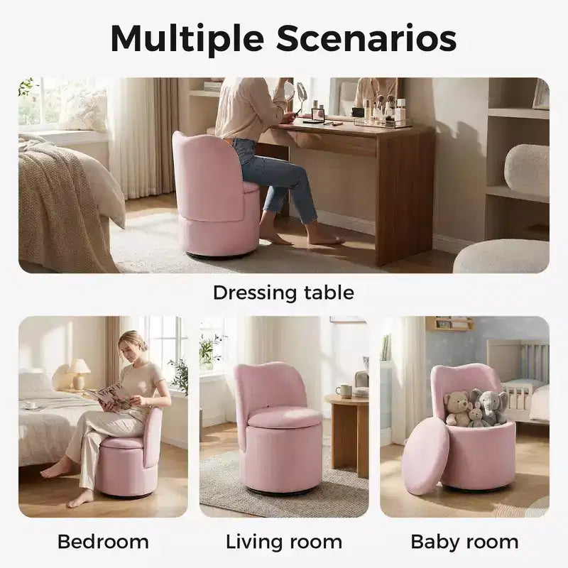 Vanity Chair with Storage,360 Swivel Makeup Chair with Back,Modern Swivel Accent Stool Barrel Chair Upholstered Ottoman Vanity Stool with Back
