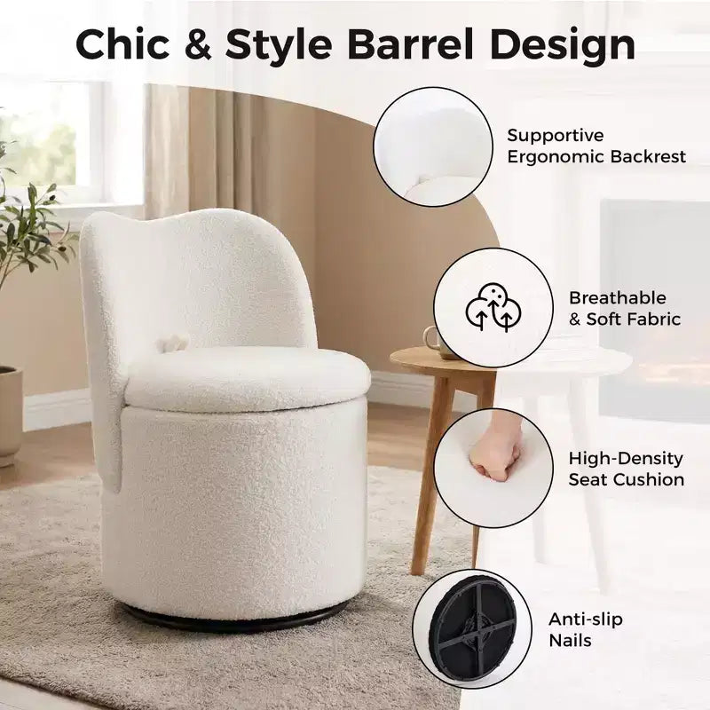Vanity Chair with Storage,360 Swivel Makeup Chair with Back,Modern Swivel Accent Stool Barrel Chair Upholstered Ottoman Vanity Stool with Back