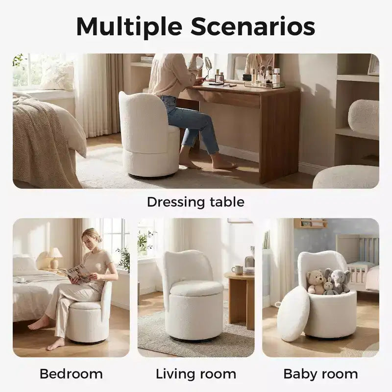 Vanity Chair with Storage,360 Swivel Makeup Chair with Back,Modern Swivel Accent Stool Barrel Chair Upholstered Ottoman Vanity Stool with Back