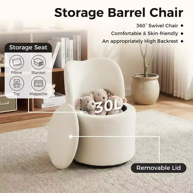 Vanity Chair with Storage,360 Swivel Makeup Chair with Back,Modern Swivel Accent Stool Barrel Chair Upholstered Ottoman Vanity Stool with Back