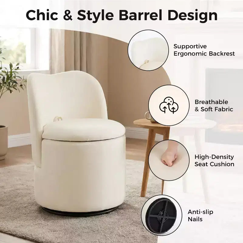 Vanity Chair with Storage,360 Swivel Makeup Chair with Back,Modern Swivel Accent Stool Barrel Chair Upholstered Ottoman Vanity Stool with Back