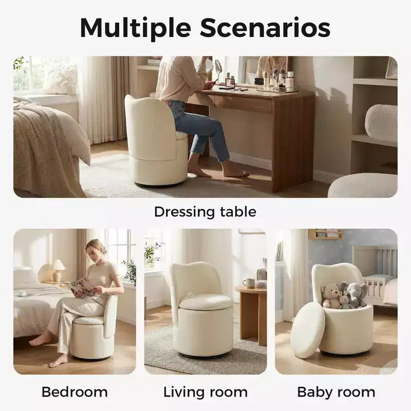 Vanity Chair with Storage,360 Swivel Makeup Chair with Back,Modern Swivel Accent Stool Barrel Chair Upholstered Ottoman Vanity Stool with Back