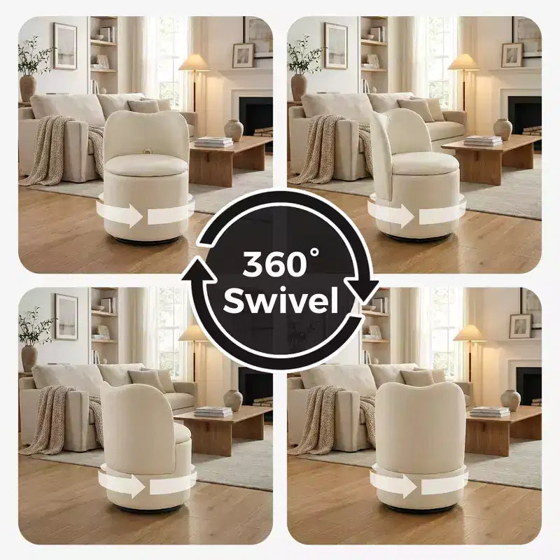 Vanity Chair with Storage,360 Swivel Makeup Chair with Back,Modern Swivel Accent Stool Barrel Chair Upholstered Ottoman Vanity Stool with Back