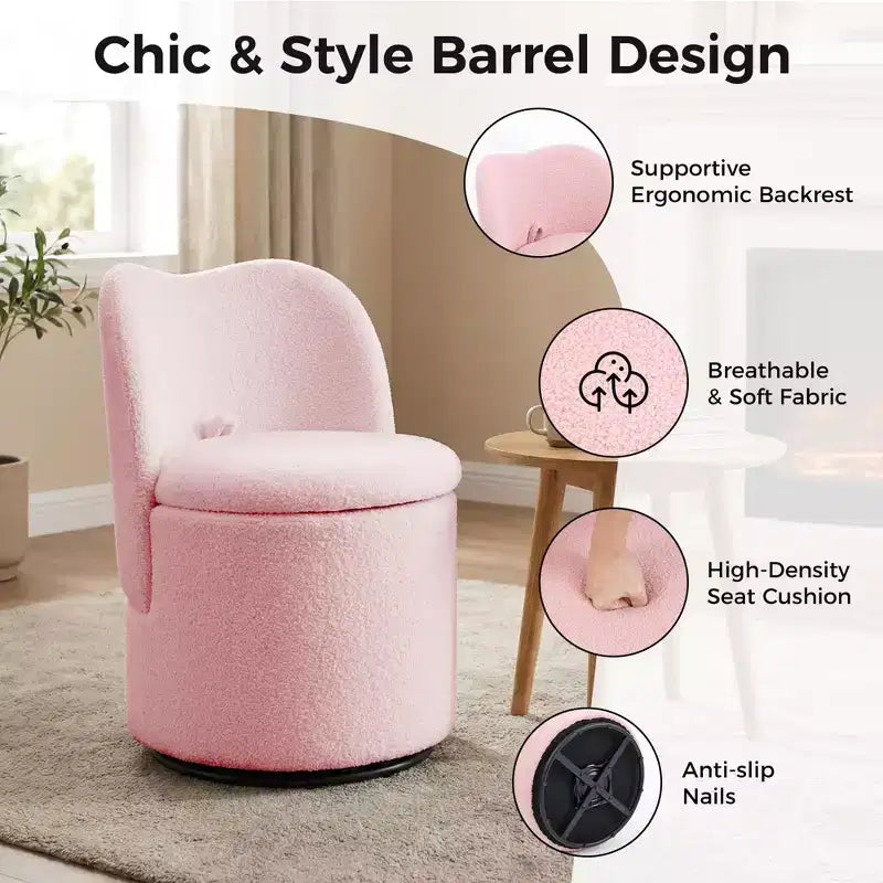 Vanity Chair with Storage,360 Swivel Makeup Chair with Back,Modern Swivel Accent Stool Barrel Chair Upholstered Ottoman Vanity Stool with Back
