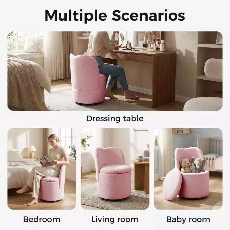 Vanity Chair with Storage,360 Swivel Makeup Chair with Back,Modern Swivel Accent Stool Barrel Chair Upholstered Ottoman Vanity Stool with Back
