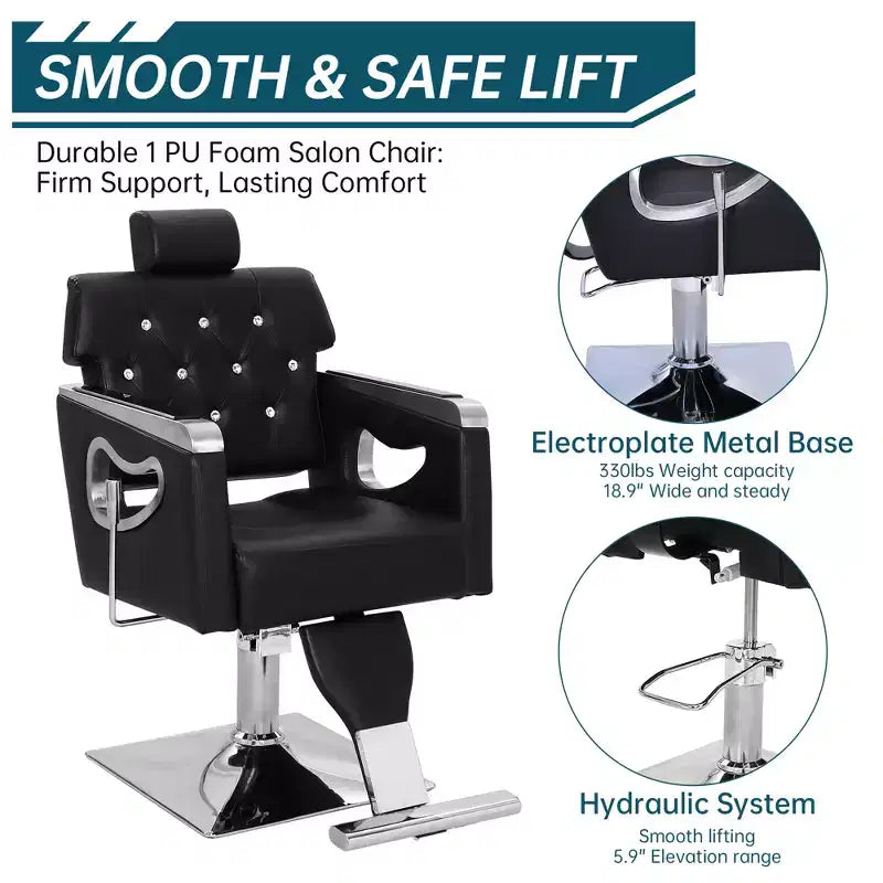Reclining Barber Chair, Salon Lounge Chair, Adjustable Height, 360 Swivel, Adjustable Headrest and Footrest, Metal Base, for Home
