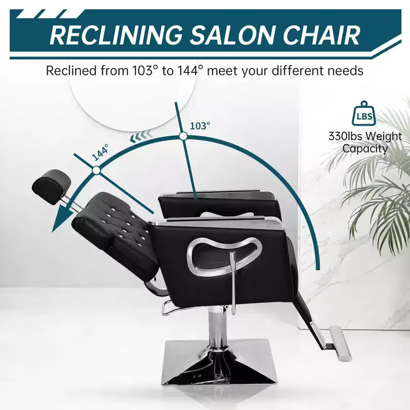 Reclining Barber Chair, Salon Lounge Chair, Adjustable Height, 360 Swivel, Adjustable Headrest and Footrest, Metal Base, for Home