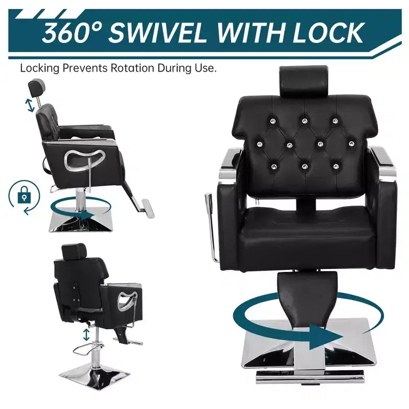 Reclining Barber Chair, Salon Lounge Chair, Adjustable Height, 360 Swivel, Adjustable Headrest and Footrest, Metal Base, for Home