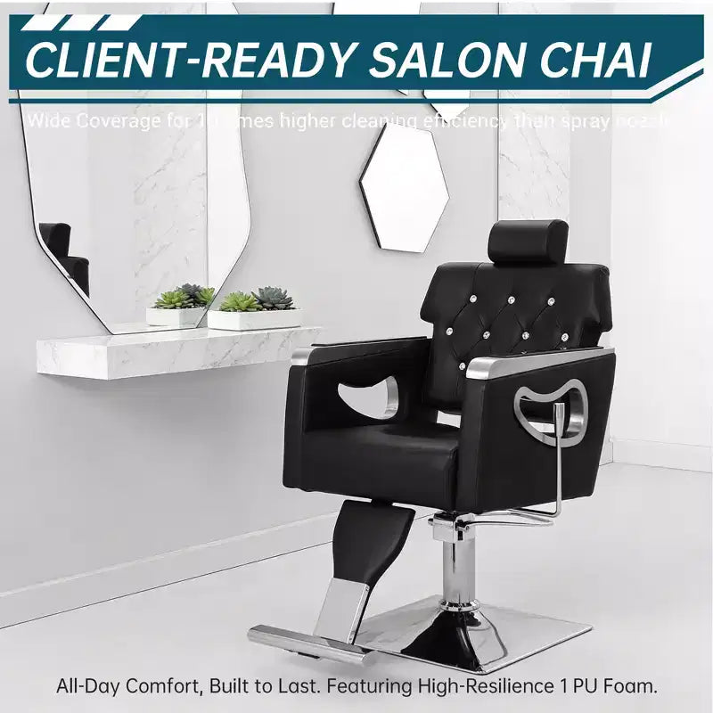Reclining Barber Chair, Salon Lounge Chair, Adjustable Height, 360 Swivel, Adjustable Headrest and Footrest, Metal Base, for Home