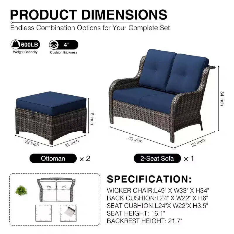 Ensemble de canapé en osier à 2 places UPTIOT avec deux poufs multifonctionnels