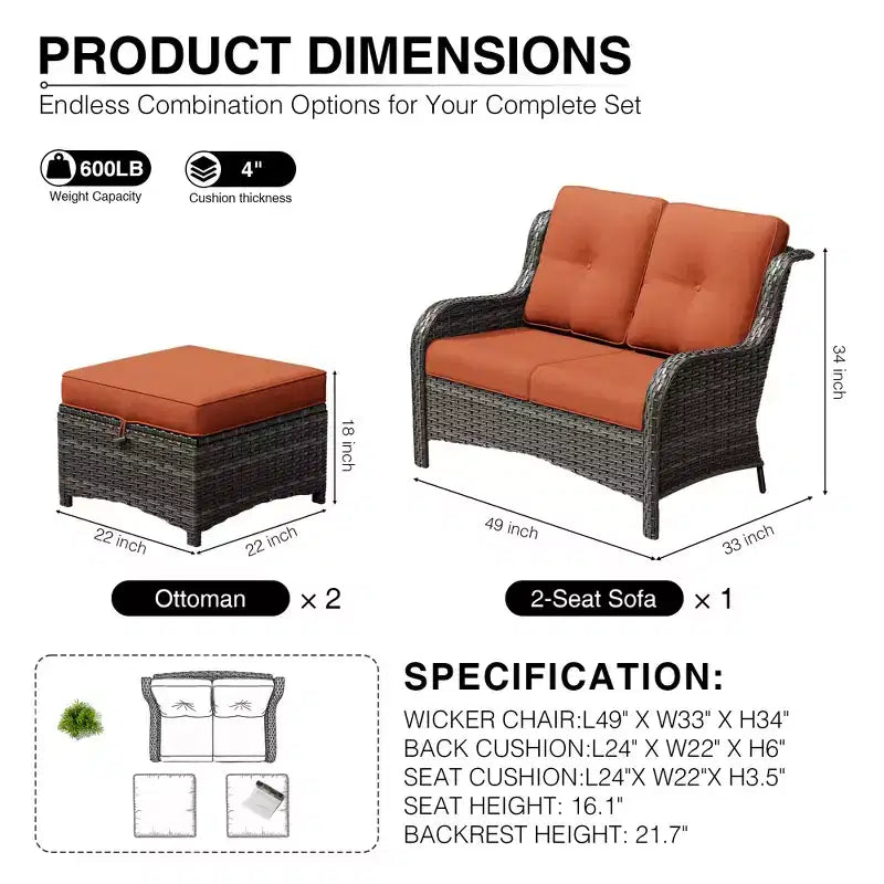 Ensemble de canapé en osier à 2 places UPTIOT avec deux poufs multifonctionnels