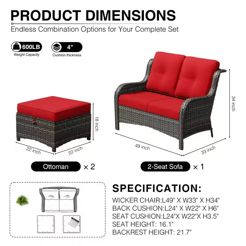 Ensemble de canapé en osier à 2 places UPTIOT avec deux poufs multifonctionnels