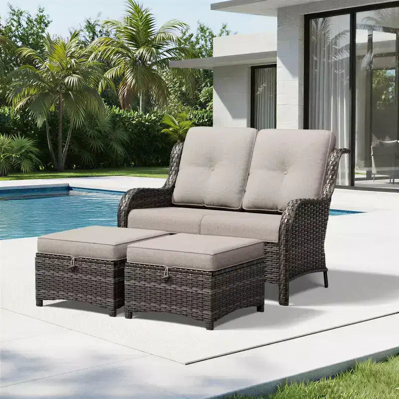 UPTIOT Outdoor 2-Seat Wicker Sofa Set with Dual Multi-Functional Ottomans