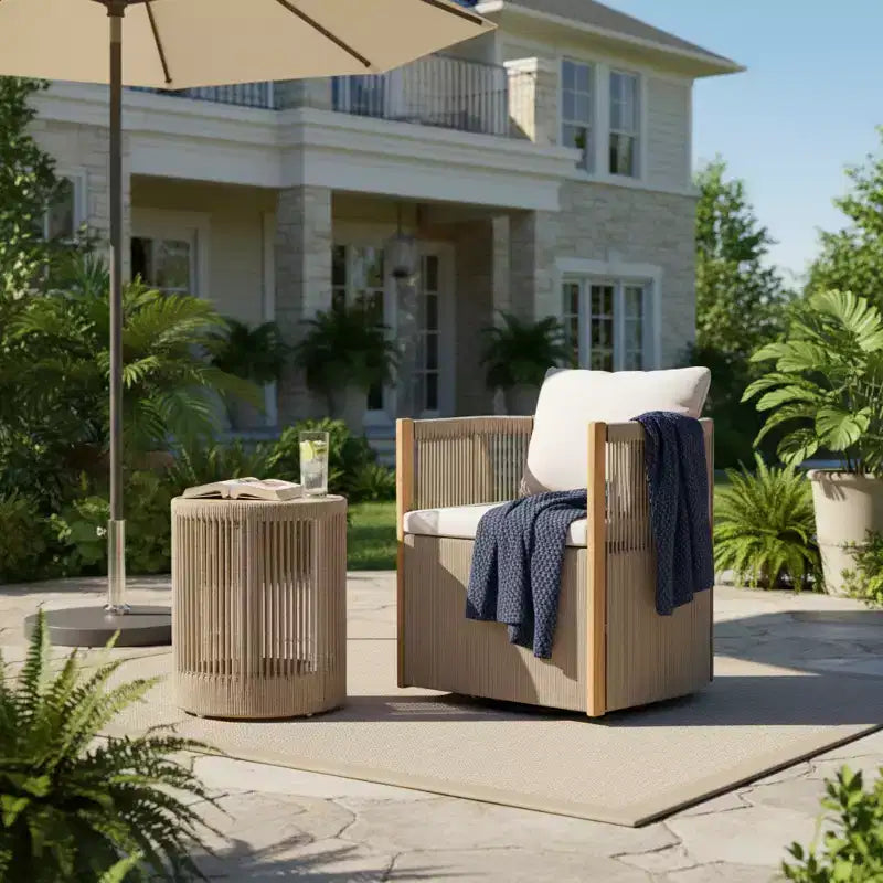 Ensemble de 2 chaises pivotantes d'extérieur modernes en corde et table d'appoint en bois d'acacia Christopher Knight Home Yamina