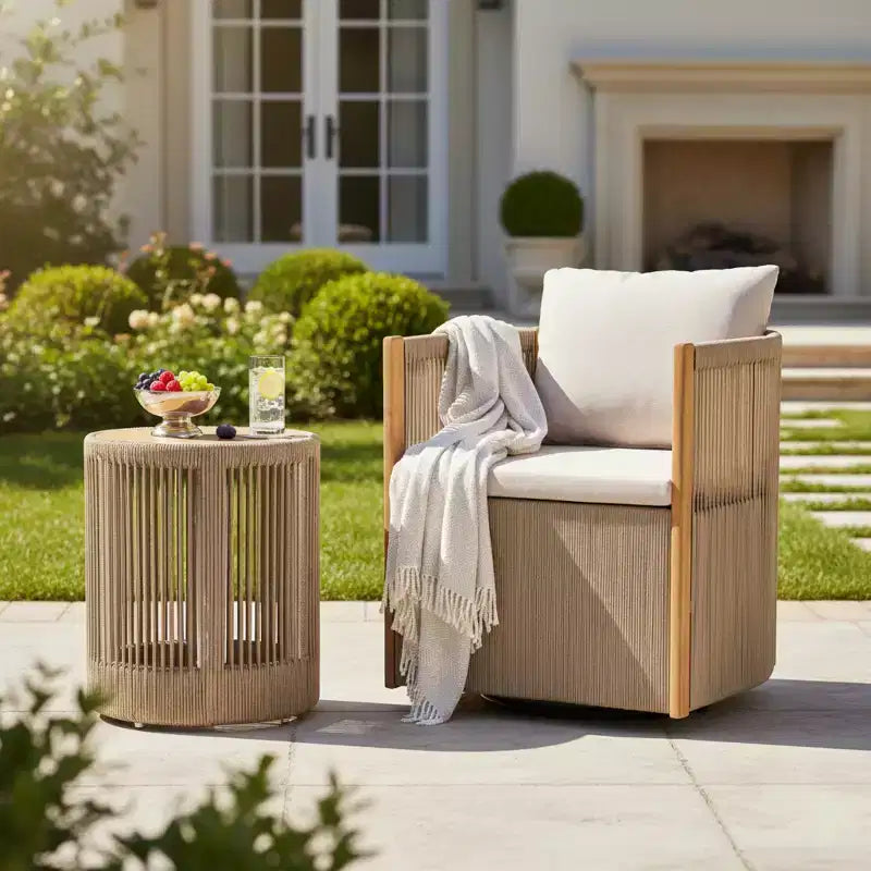 Christopher Knight Home Yamina Modern 2 Piece Outdoor Rope Swivel Chair and Acacia Wood Side Table Set
