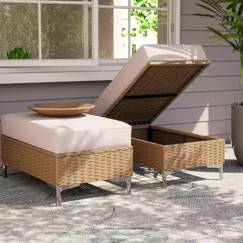 LAUSAINT HOME 2 Pieces Outdoor Patio Ottoman Set, Steel Frame & Storage Side Table Footrest,Rattan Seating for Garden, Balcony, Deck