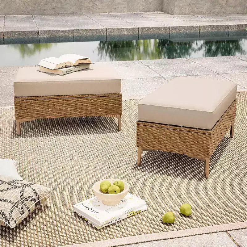 LAUSAINT HOME Ensemble de 2 poufs de patio d'extérieur, cadre en acier et repose-pieds de table d'appoint de rangement, sièges en rotin pour jardin, balcon, terrasse