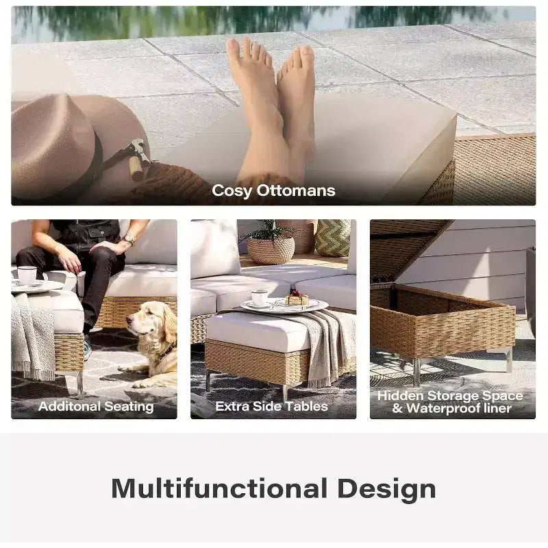 LAUSAINT HOME Ensemble de 2 poufs de patio d'extérieur, cadre en acier et repose-pieds de table d'appoint de rangement, sièges en rotin pour jardin, balcon, terrasse