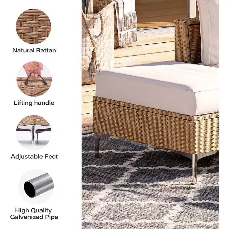 LAUSAINT HOME Ensemble de 2 poufs de patio d'extérieur, cadre en acier et repose-pieds de table d'appoint de rangement, sièges en rotin pour jardin, balcon, terrasse