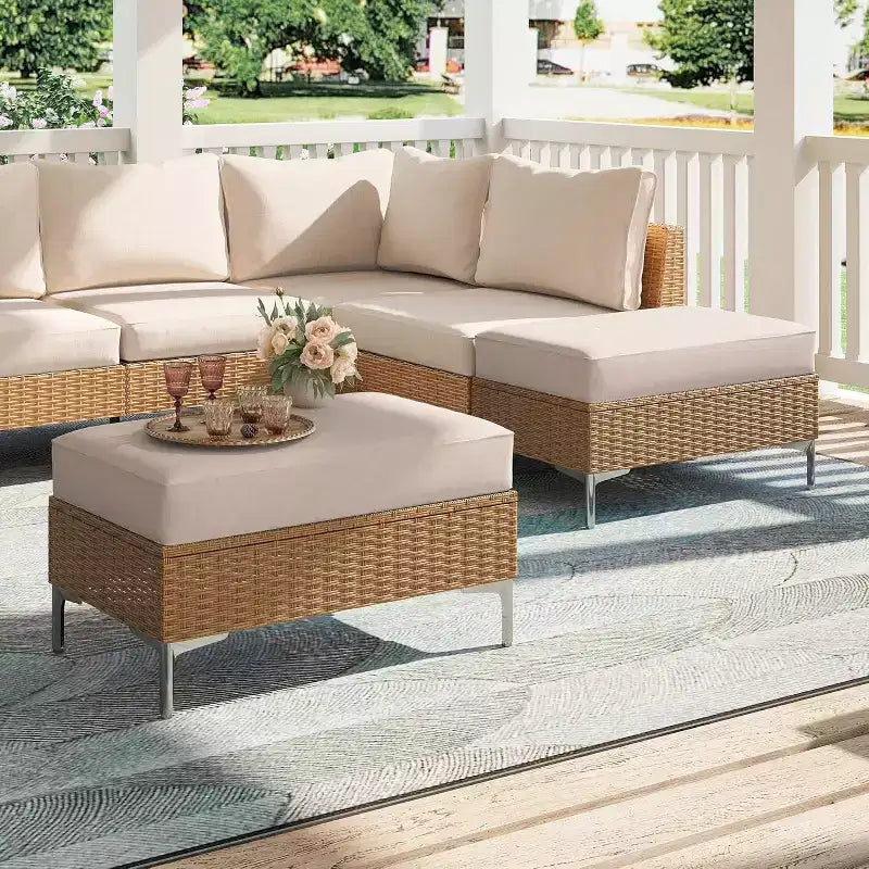 LAUSAINT HOME Ensemble de 2 poufs de patio d'extérieur, cadre en acier et repose-pieds de table d'appoint de rangement, sièges en rotin pour jardin, balcon, terrasse