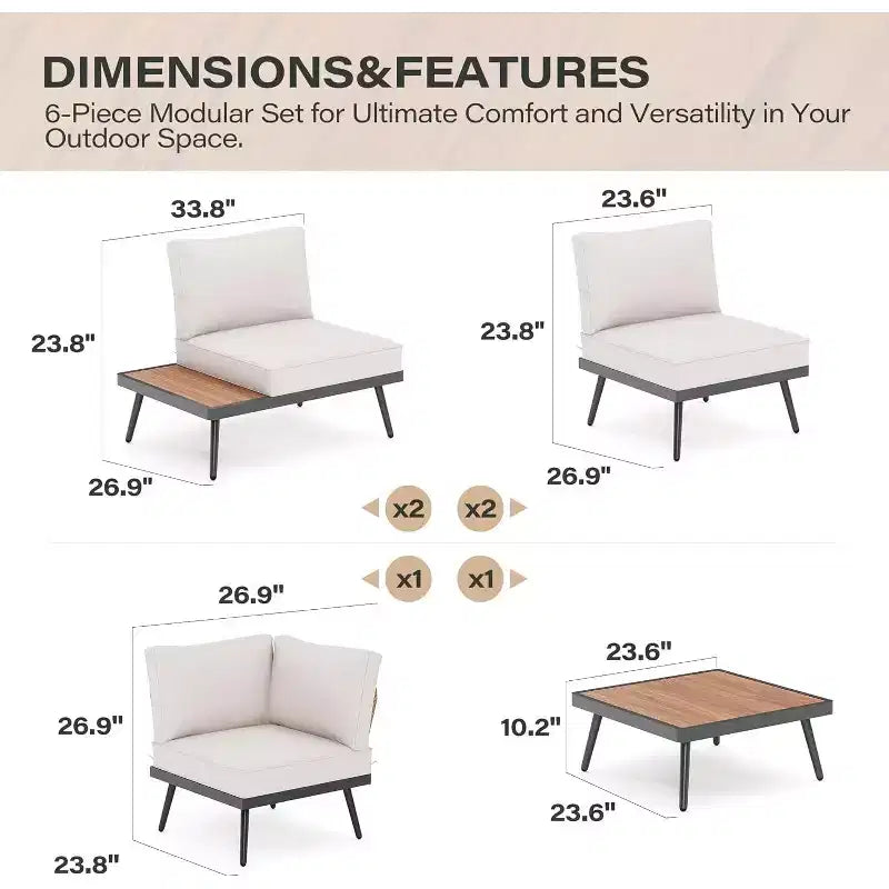 LAUSAINT HOME Ensemble canapé de conversation 6 pièces en métal avec table basse, salon de jardin modulable pour extérieur