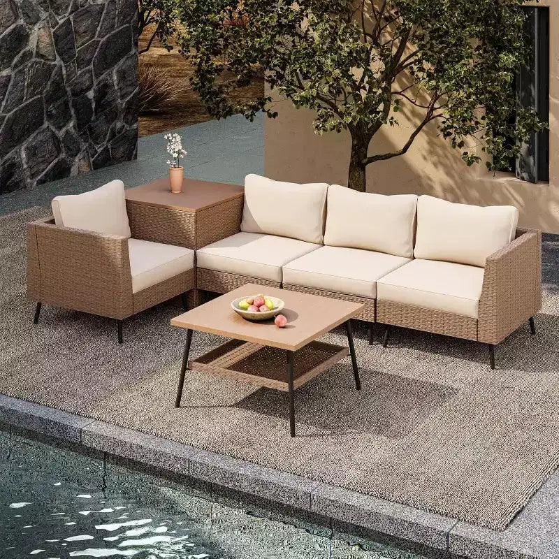 LAUSAINT HOME Ensemble de Meubles de Jardin 6 Pièces, Salon de Jardin Modulable en Rotin avec Coussins et Coffre de Rangement