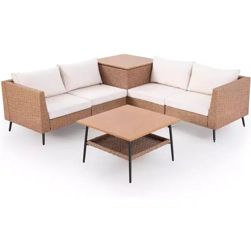 LAUSAINT HOME Ensemble de Meubles de Jardin 6 Pièces, Salon de Jardin Modulable en Rotin avec Coussins et Coffre de Rangement