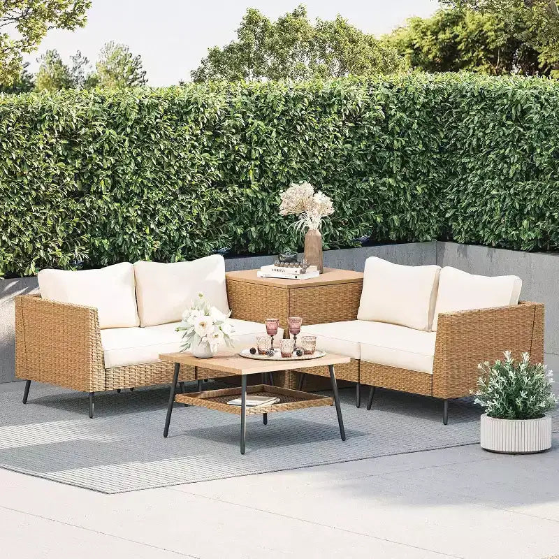 LAUSAINT HOME Ensemble de Meubles de Jardin 6 Pièces, Salon de Jardin Modulable en Rotin avec Coussins et Coffre de Rangement