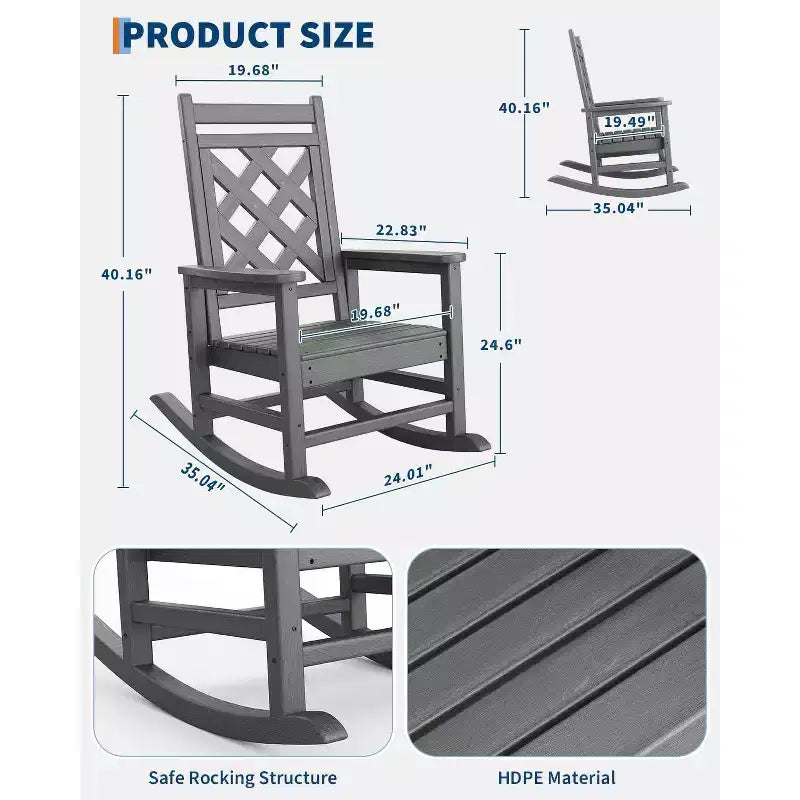 All-Weather HDPE Adirondack Rocking Chair, 380LBS, Weather Resistant, High Back, Wide Armrests, for Deck, Patio, Pool, Backyard