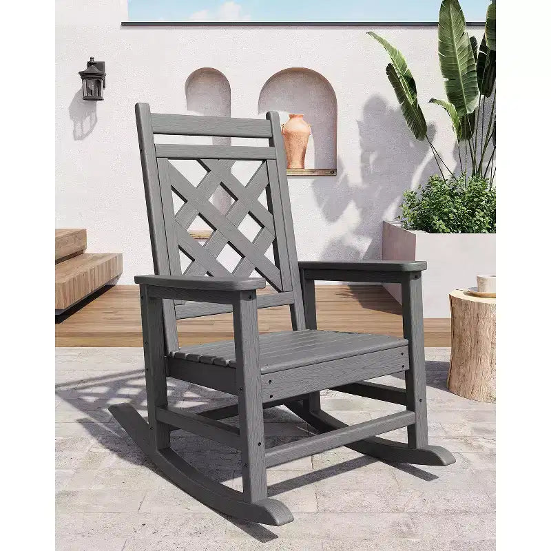 All-Weather HDPE Adirondack Rocking Chair, 380LBS, Weather Resistant, High Back, Wide Armrests, for Deck, Patio, Pool, Backyard