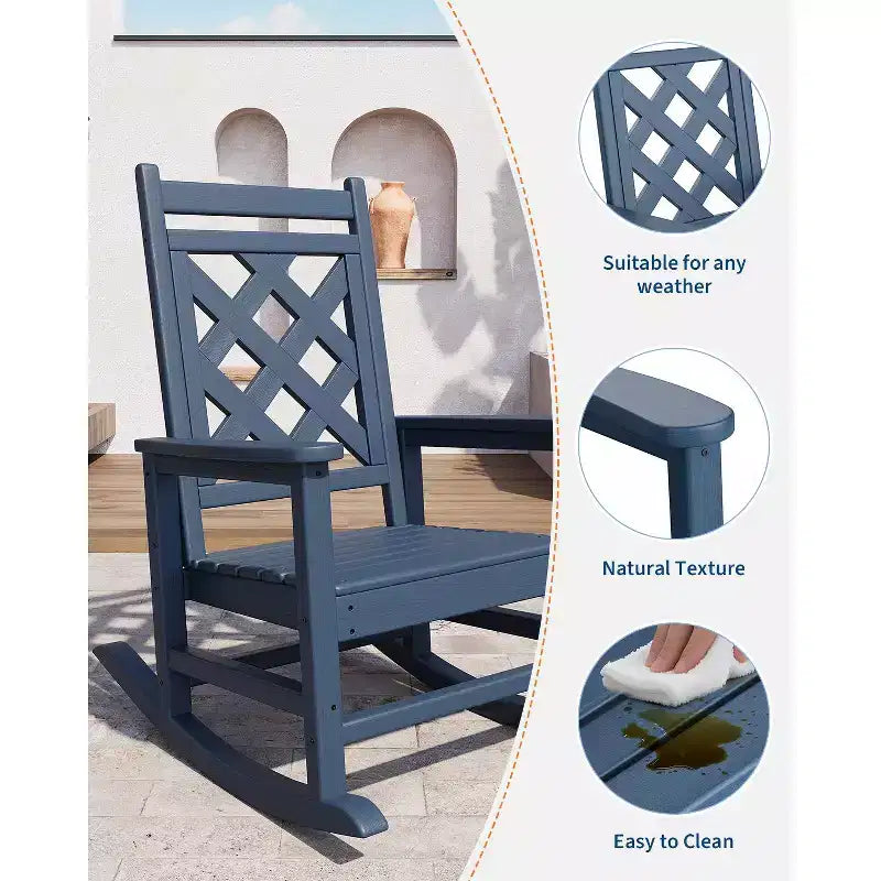 All-Weather HDPE Adirondack Rocking Chair, 380LBS, Weather Resistant, High Back, Wide Armrests, for Deck, Patio, Pool, Backyard