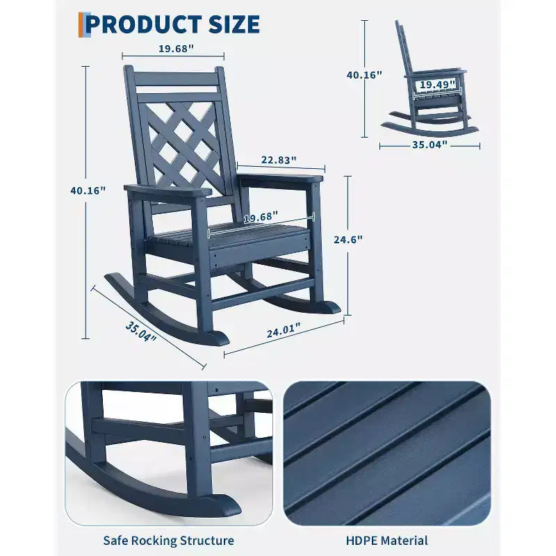 All-Weather HDPE Adirondack Rocking Chair, 380LBS, Weather Resistant, High Back, Wide Armrests, for Deck, Patio, Pool, Backyard