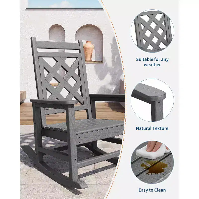 All-Weather HDPE Adirondack Rocking Chair, 380LBS, Weather Resistant, High Back, Wide Armrests, for Deck, Patio, Pool, Backyard