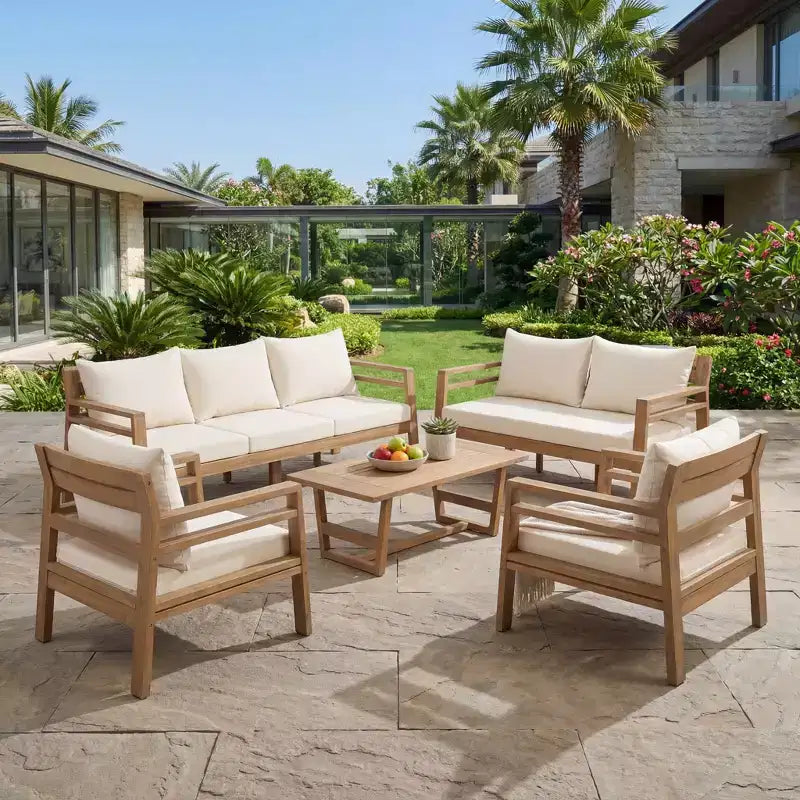 Christopher Knight Home Niran Modern 5 Piece Acacia Wood Patio Seating Set with Curved Backrest Design and Cushions