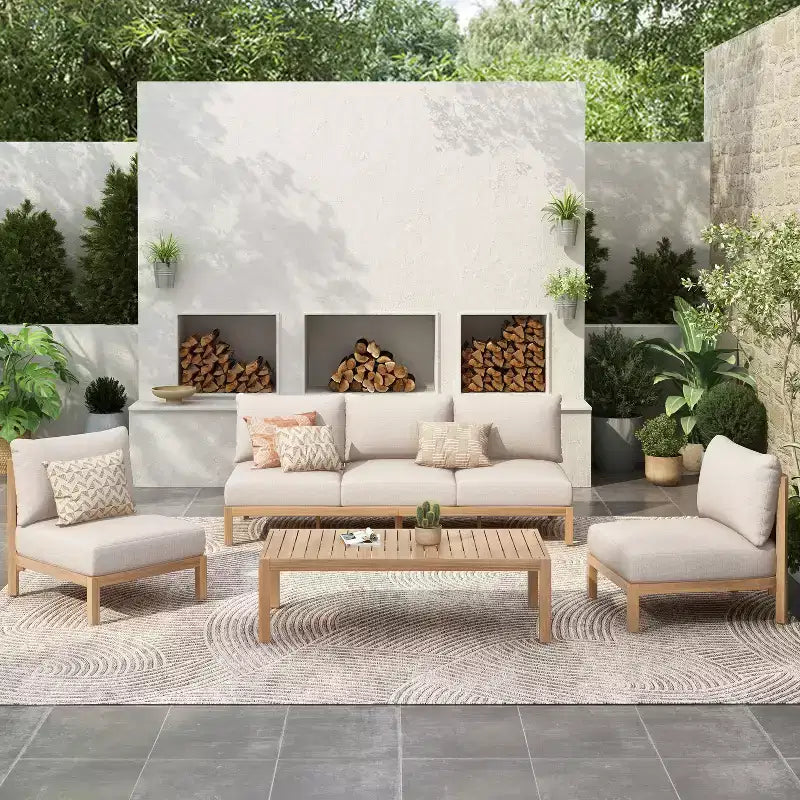 Christopher Knight Home Phachara Modern 4 Piece Acacia Wood Patio Seating Set with Rope-Woven Design and Cushions