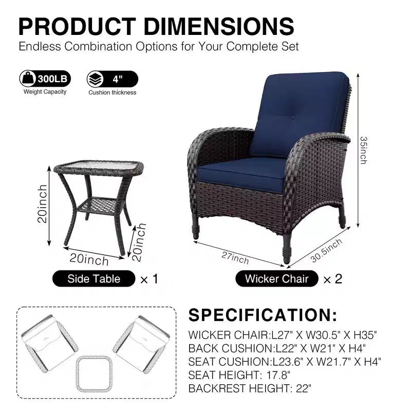 UPTIOT Ensemble fauteuil en osier d'extérieur et table d'appoint avec coussins en oléfine de qualité supérieure pour la relaxation sur la terrasse