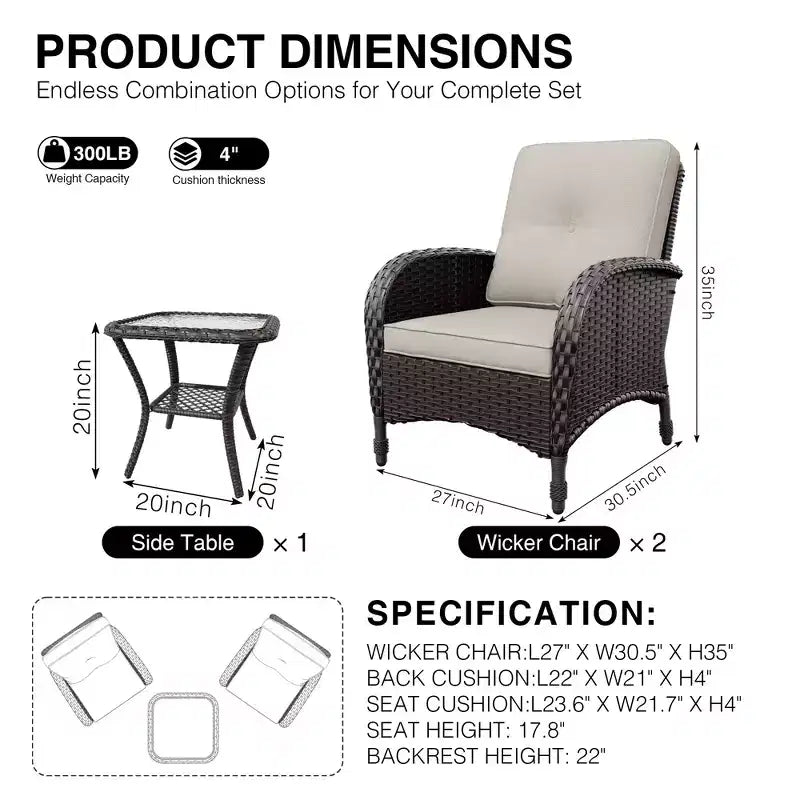 UPTIOT Ensemble fauteuil en osier d'extérieur et table d'appoint avec coussins en oléfine de qualité supérieure pour la relaxation sur la terrasse