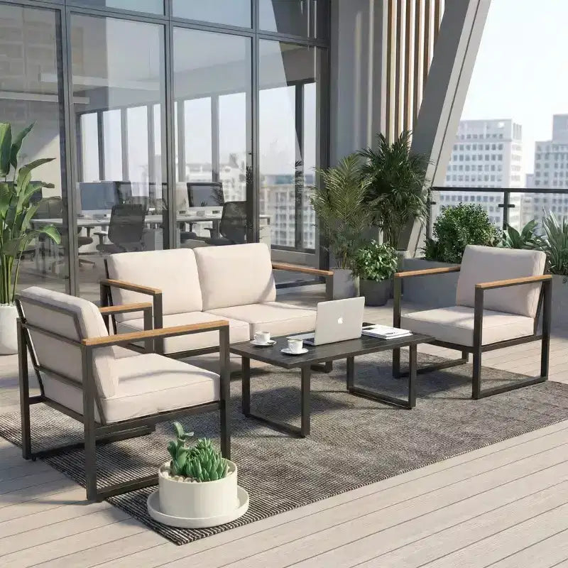 4-Piece Patio Furniture Set - Outdoor Conversation Set with 2 Chairs & Coffee Table, Beige Cushions for Pool Garden Balcony