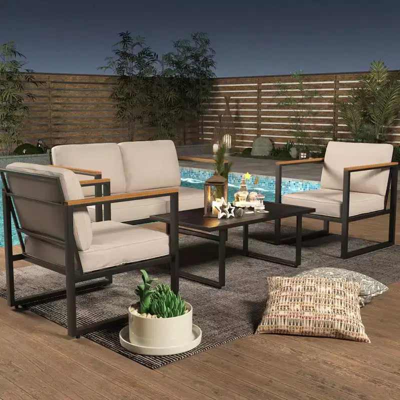 Ensemble de mobilier de jardin 4 pièces - Salon de jardin d'extérieur avec 2 chaises et table basse, coussins beiges pour piscine, jardin, balcon